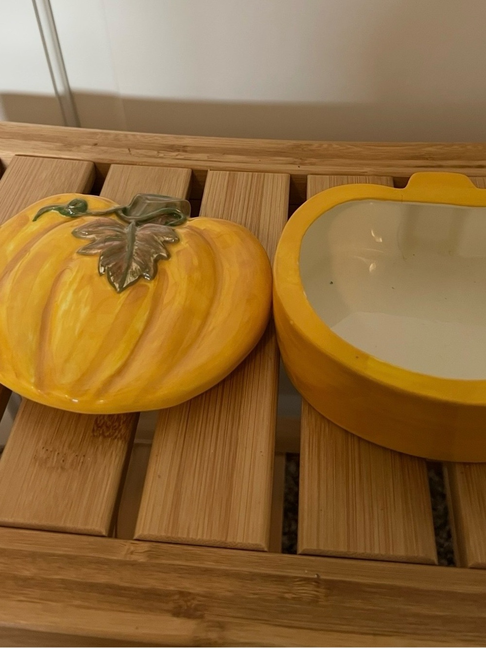 Yellow Ceramic Pumpkin Trinket Dish with Leaf Lid